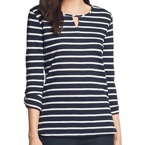 NWT Van Heusen Striped Sea Navy and white blouse with Keyhole and Button details